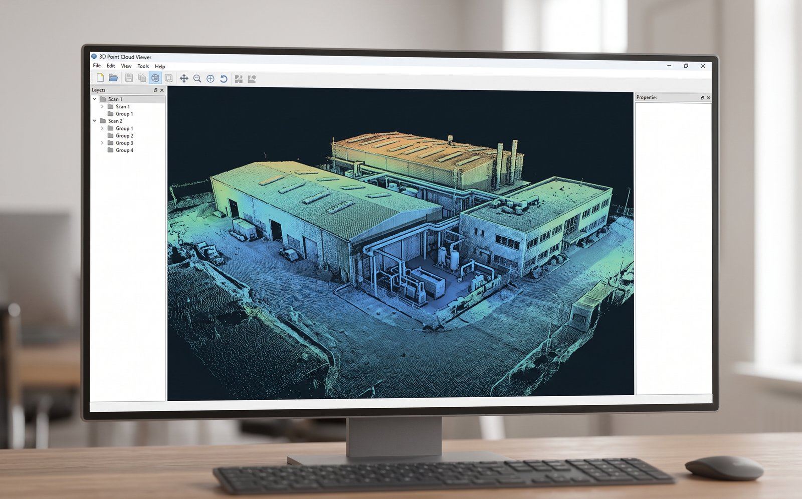 3D point cloud viewer software showing a processed scan of an industrial facility