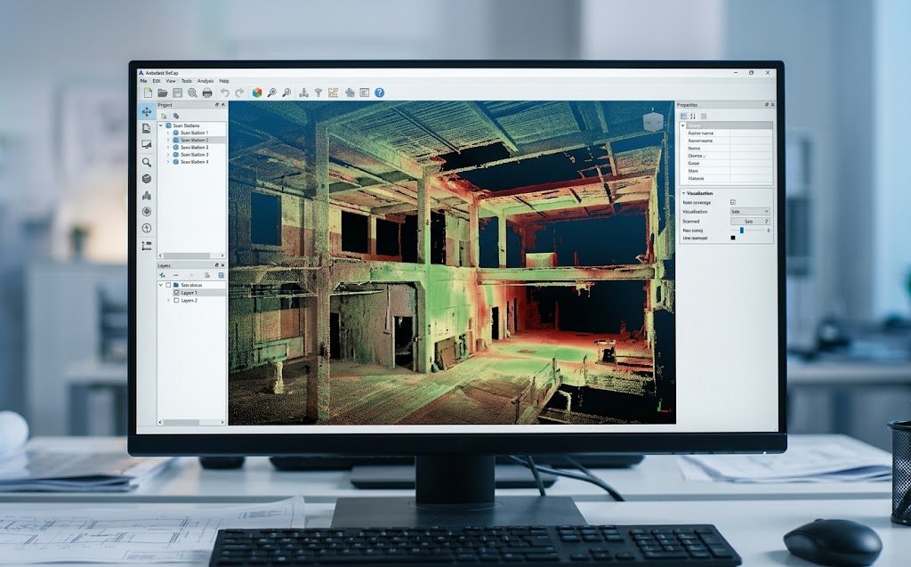 3D point cloud viewer software displaying a raw captured scan of an industrial building, awaiting conversion into a digital record