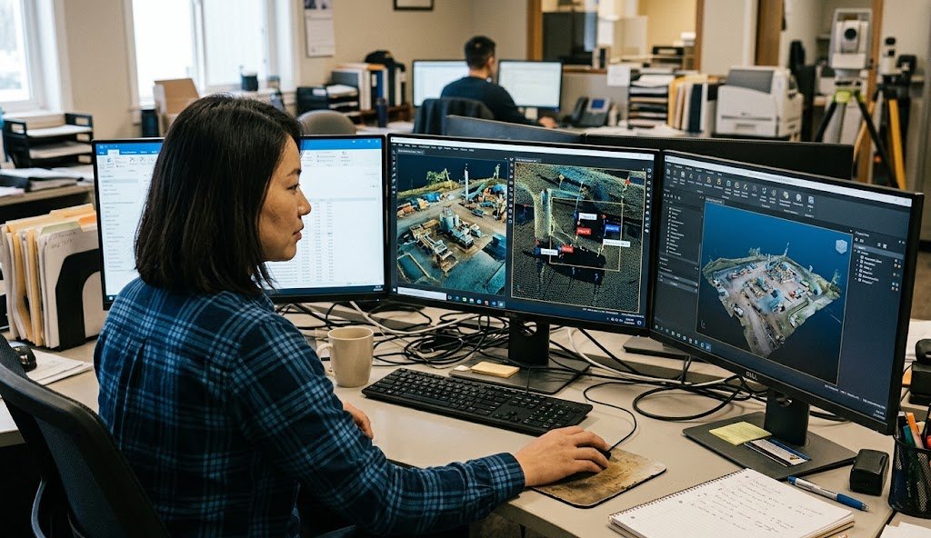A specialist manually reviewing and annotating point cloud and drone survey data across multiple monitors at a workstation