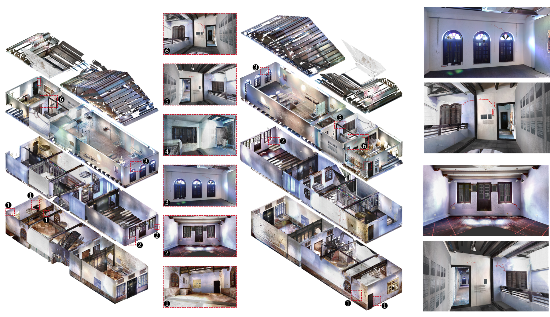 Isometric building reconstructions with numbered defect and crack-detection callouts, derived from segmented point clouds