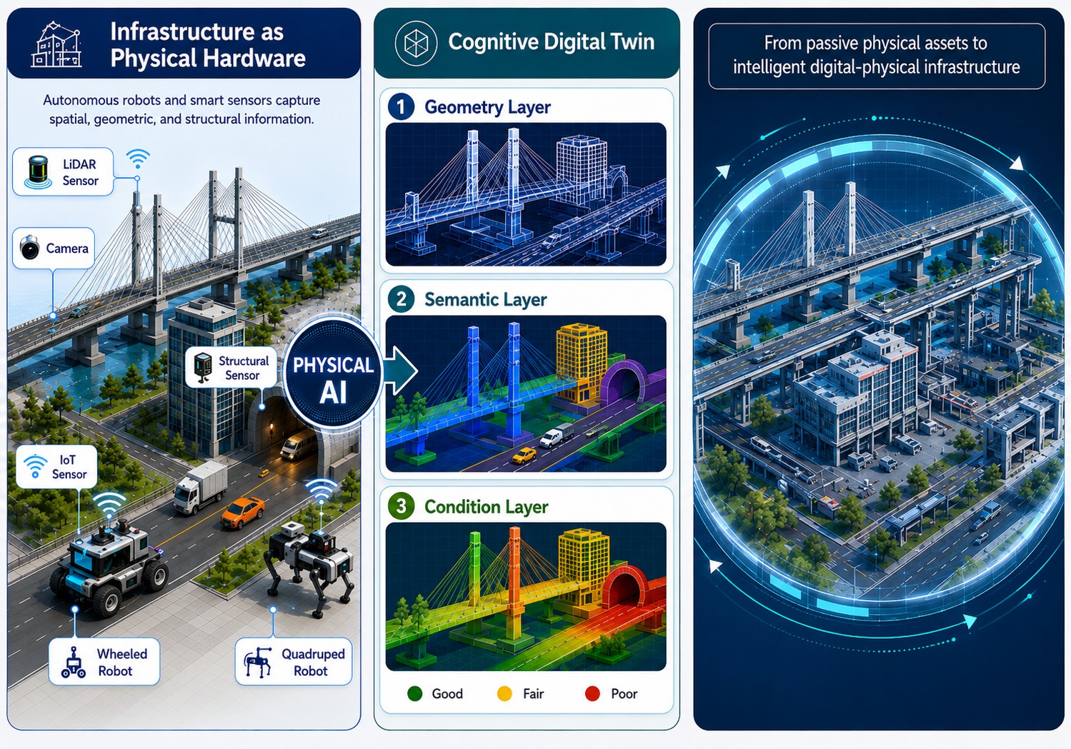 InfraTwin overview: autonomous robots and sensors capturing infrastructure as physical hardware, layered into a cognitive digital twin with geometry, semantic and condition layers